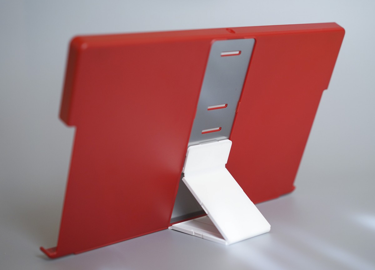 A red and white laptop